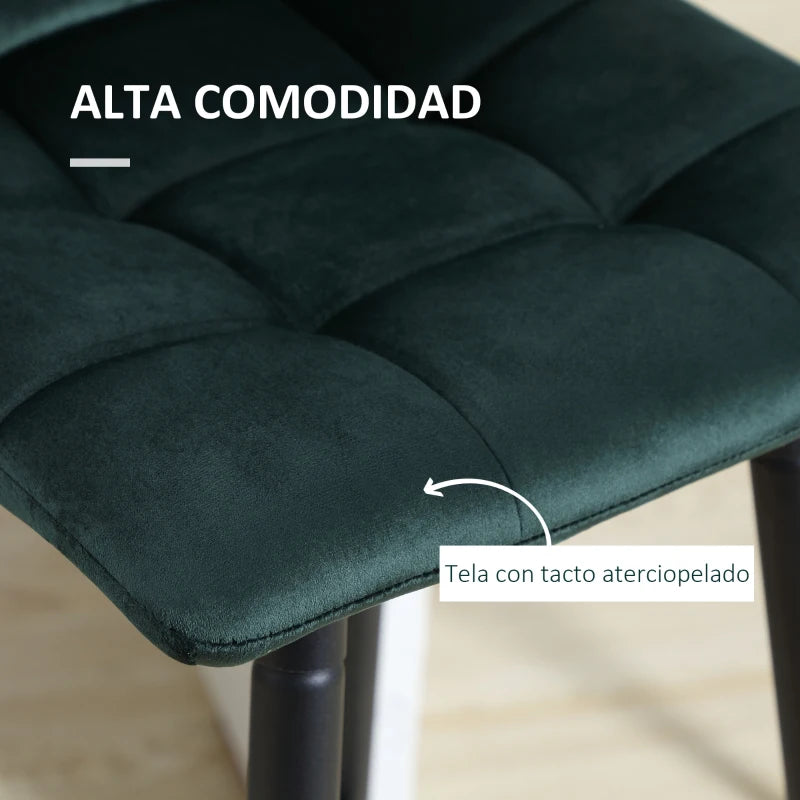 Set de 2 Taburetes Altos Chambord de Terciopelo Verde con Costuras Capitoné, Respaldo y Reposapiés para Cocina y Bar