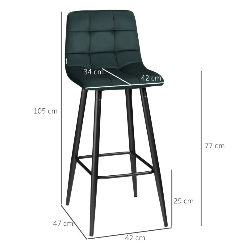Set de 2 Taburetes Altos Chambord de Terciopelo Verde con Costuras Capitoné, Respaldo y Reposapiés para Cocina y Bar