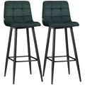 Set de 2 Taburetes Altos Chambord de Terciopelo Verde con Costuras Capitoné, Respaldo y Reposapiés para Cocina y Bar
