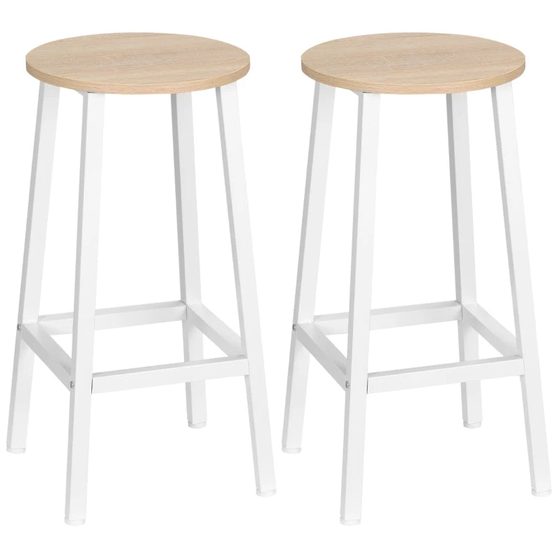 Set de 2 taburetes altos Gordes con asiento de melamina natural y patas de acero blancas en una cocina