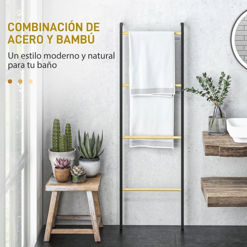 Combinación de bambú natural y marco de acero negro del toallero