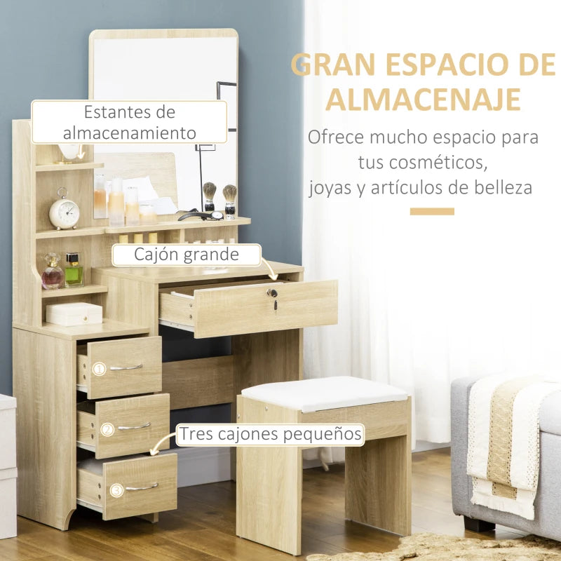 Conjunto de tocador con espejo grande, taburete acolchado y cajones