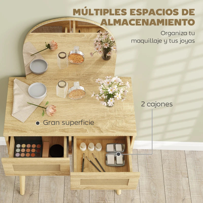 Dos cajones con frontal de ratán natural para organizar el maquillaje
