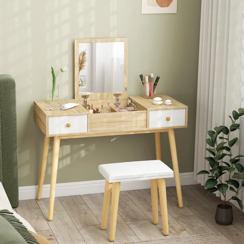 Tocador de madera natural integrado en un dormitorio luminoso