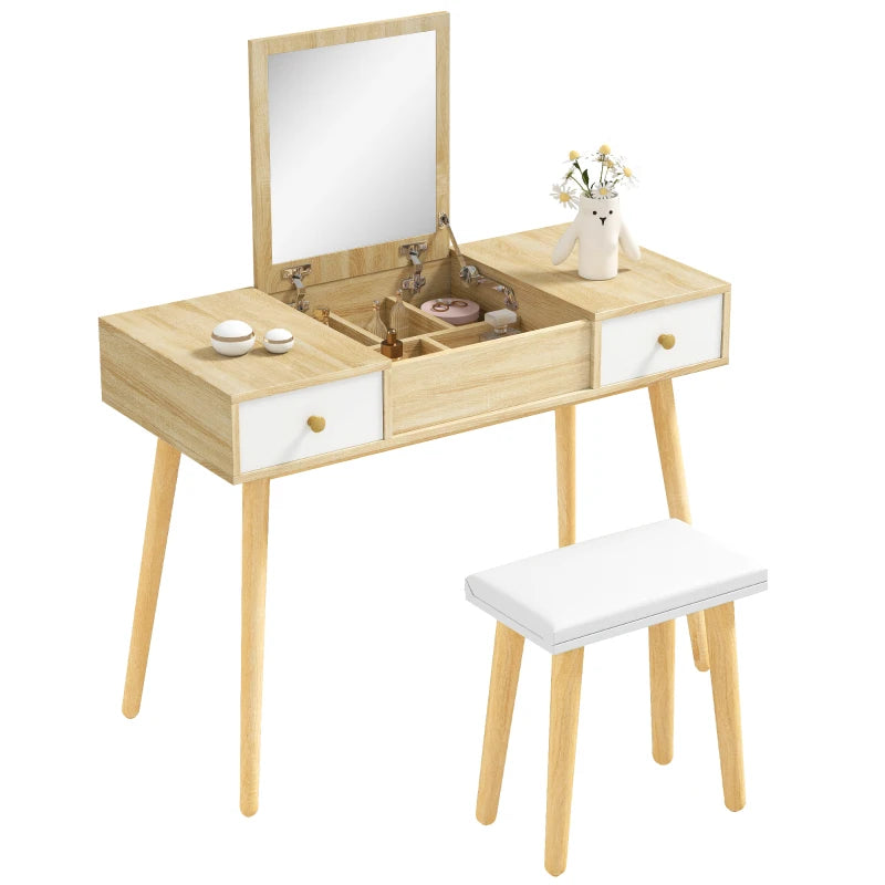 Tocador de maquillaje en madera natural con espejo abatible y taburete