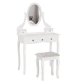 Tocador de maquillaje blanco de estilo colonial con espejo y taburete