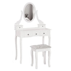 Tocador de maquillaje blanco de estilo colonial con espejo y taburete