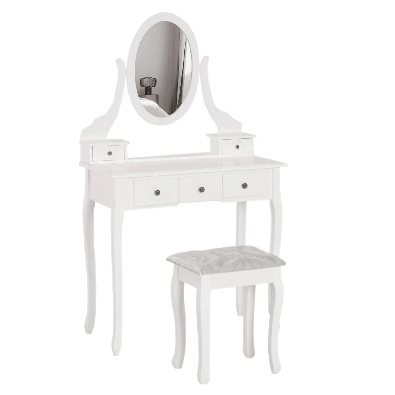 Tocador de maquillaje blanco de estilo colonial con espejo y taburete
