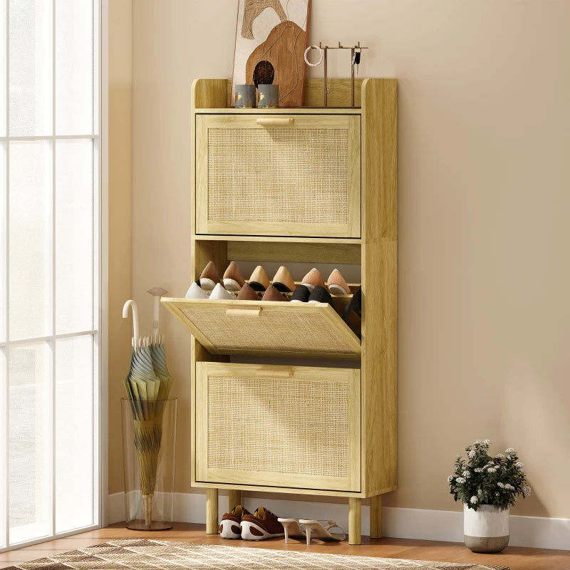 Mueble zapatero Bremen alto y estrecho en roble con cajones abatibles en una entrada moderna