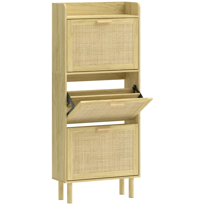 Mueble zapatero Bremen alto y estrecho en roble con cajones abatibles en una entrada moderna