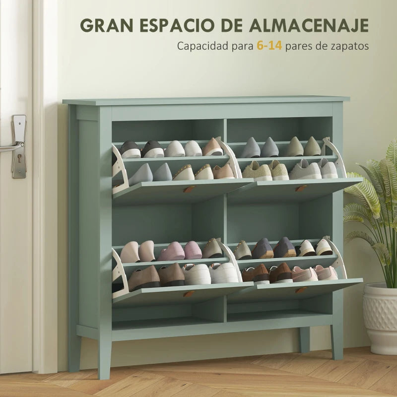 Compartimentos abatibles abiertos del zapatero Wakaba llenos de zapatos